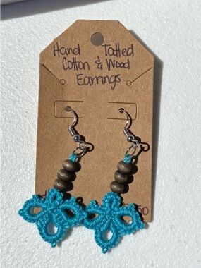 Hand-Tatted Cotton and Wood Teal Dangle Earrings